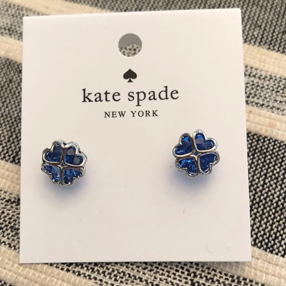 Authentic New on card kate spade blue crystal four-leaf clover stud earrings - Picture 1 of 8